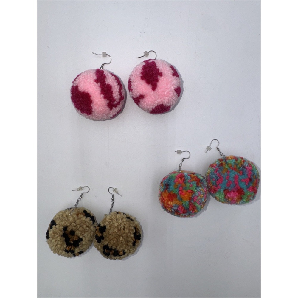 3 Pair Dangle Pierced Earrings Handmade Cheetah Print Pink Camo Rainbow Confetti